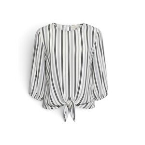 LOFT Womens Sz‎ Medium Black White Navy Striped Tie Knot Front 3/4 Sleeve Blouse